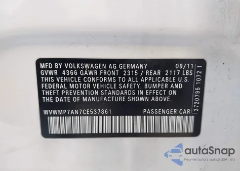 2012 Volkswagen Cc Sport из США, поврежденный, VIN WVWMP7AN7CE537861